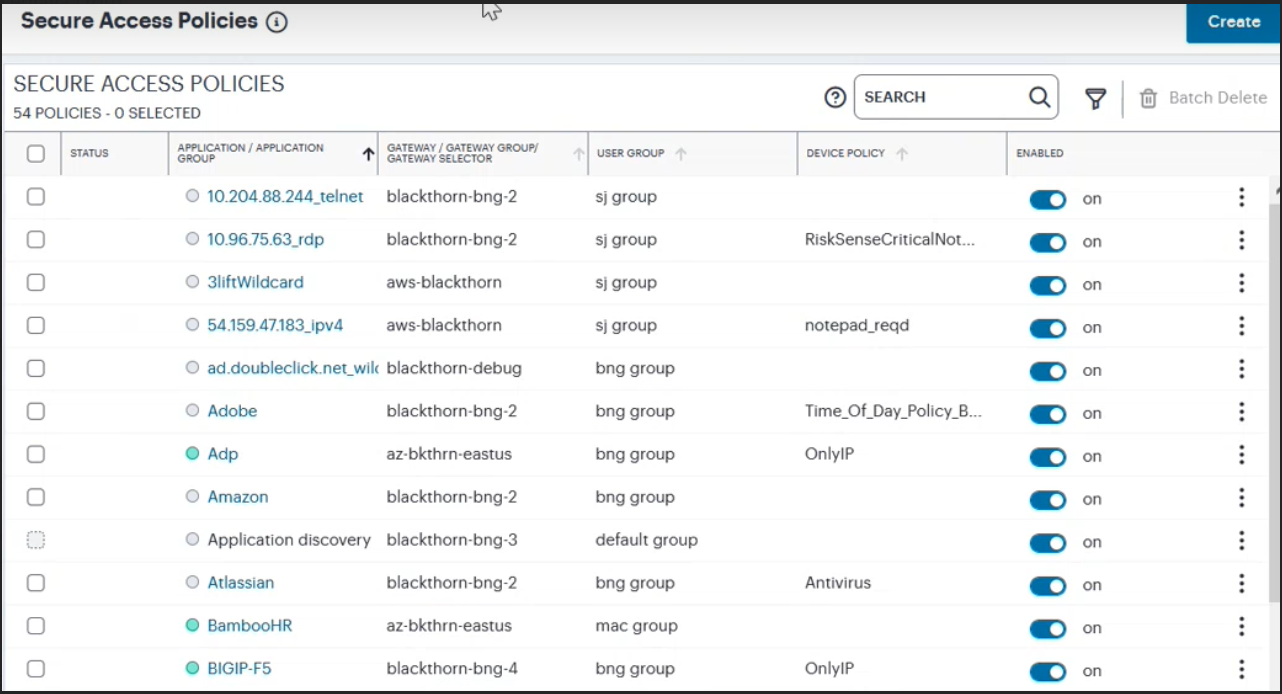 Viewing the list of existing Secure Access Policies