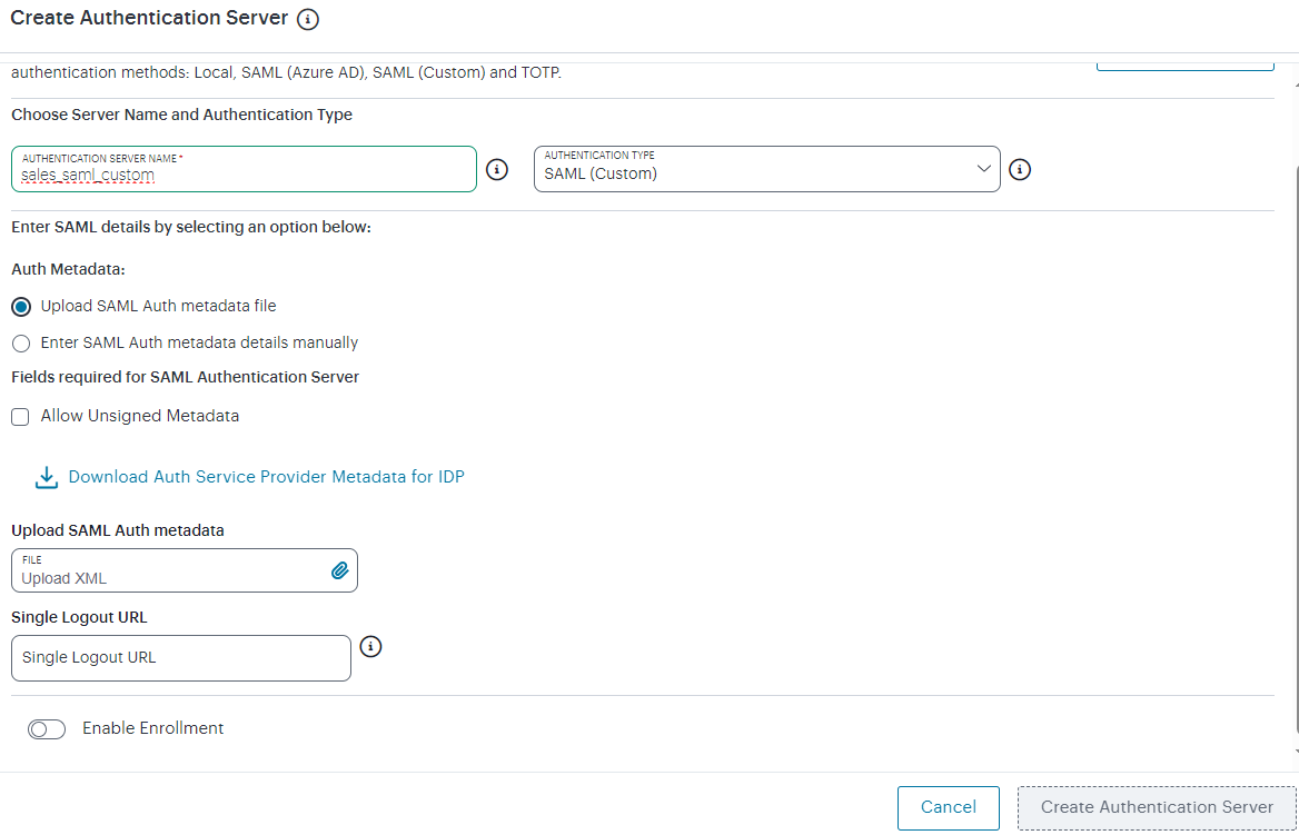 Configuring SAML (Custom) authentication settings