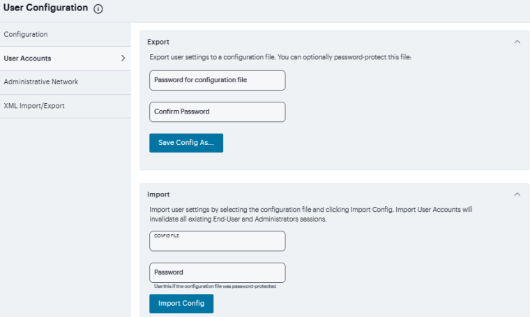 Binary Export User Configuration File Configuration Page