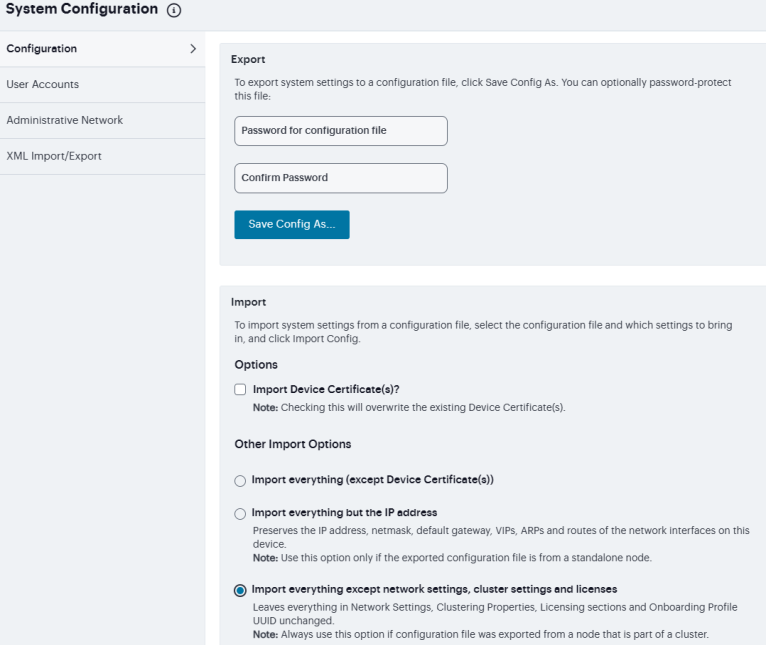 Export Binary System Configuration File Configuration Page