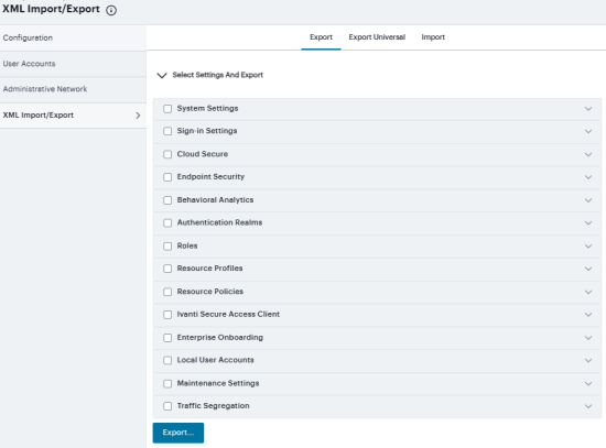 Export XML File Configuration Page