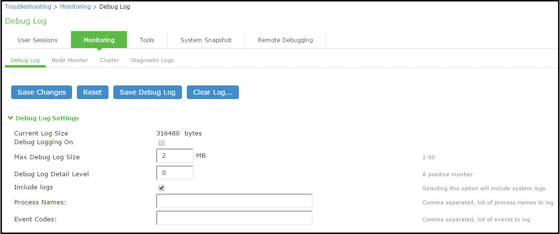 Debug Logging Configuration Page 