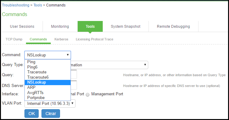 Network Troubleshooting Commands Configuration Page