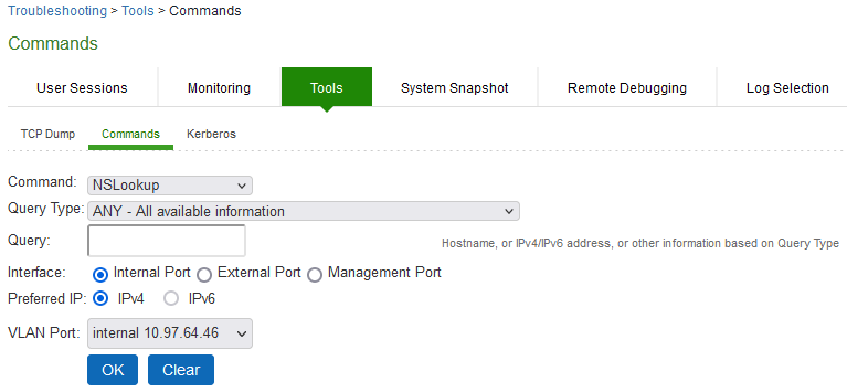 Network Troubleshooting Commands Configuration Page