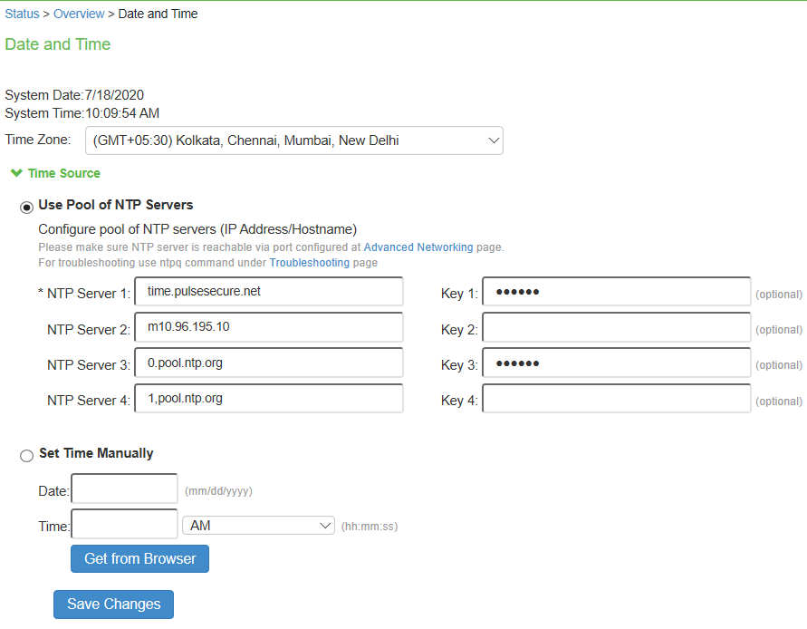 NTP configuration page