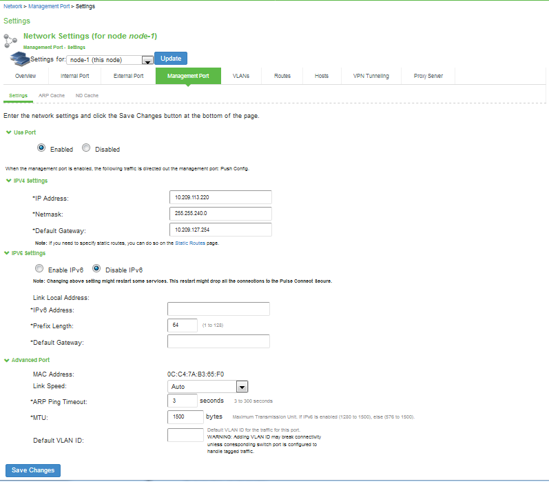 Management Port Configuration Page