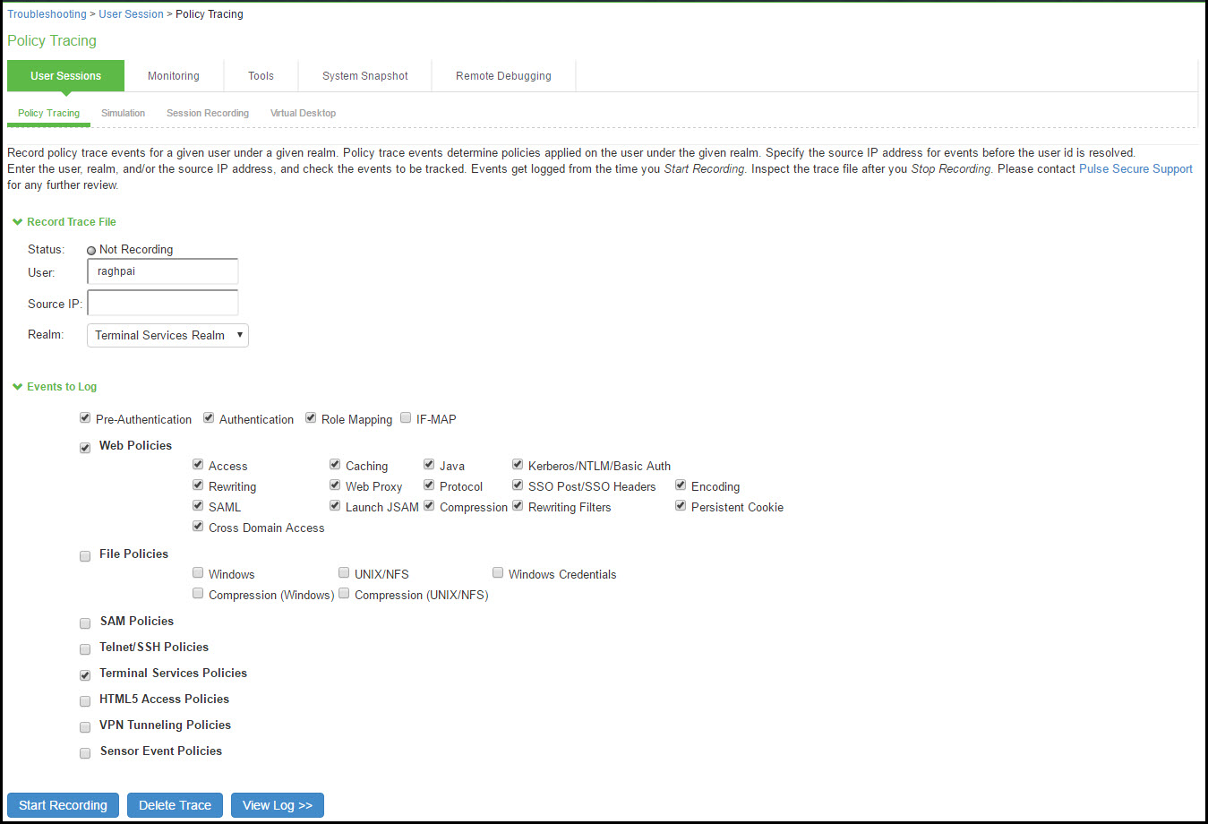 Policy Tracing Configuration 
