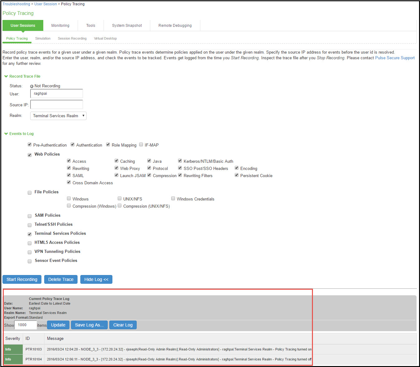 Policy Tracing Results Page