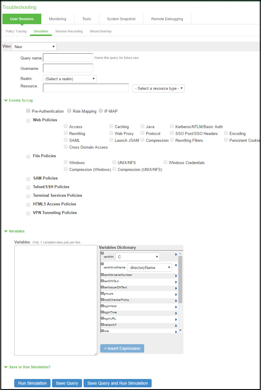 Simulation Configuration Page