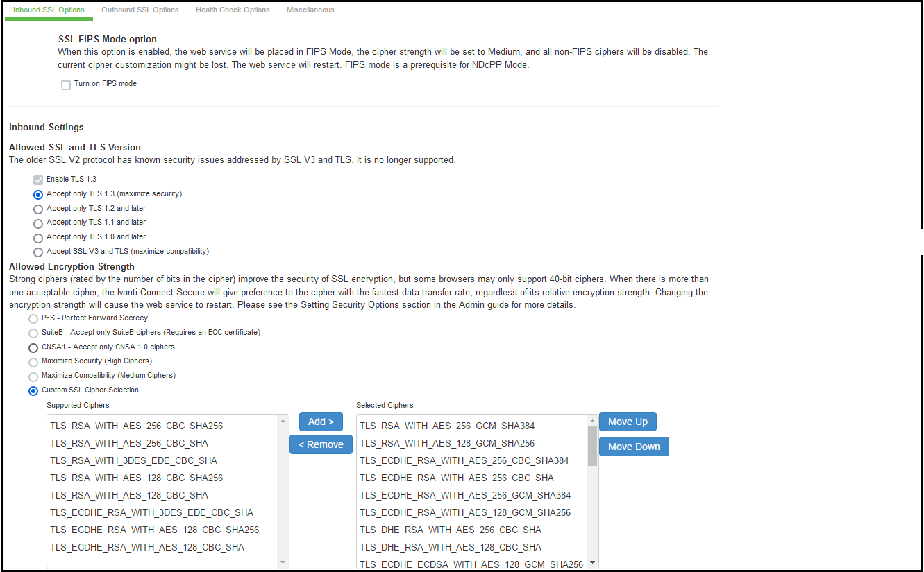 Supported Ciphers and Selected Ciphers Panels