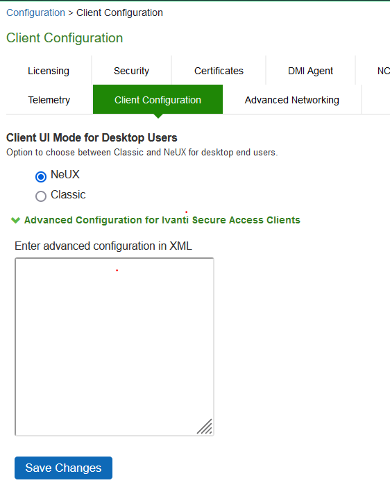 client configuration page