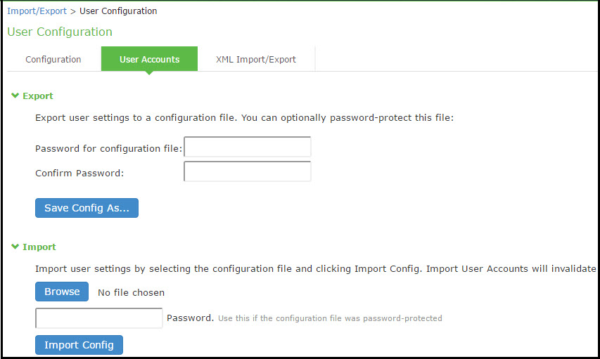Binary Export User Configuration File Configuration Page