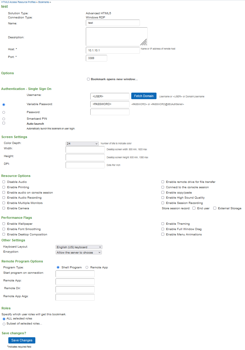 Creating a HTML5 Access Resource Profile - Bookmarks Configuration