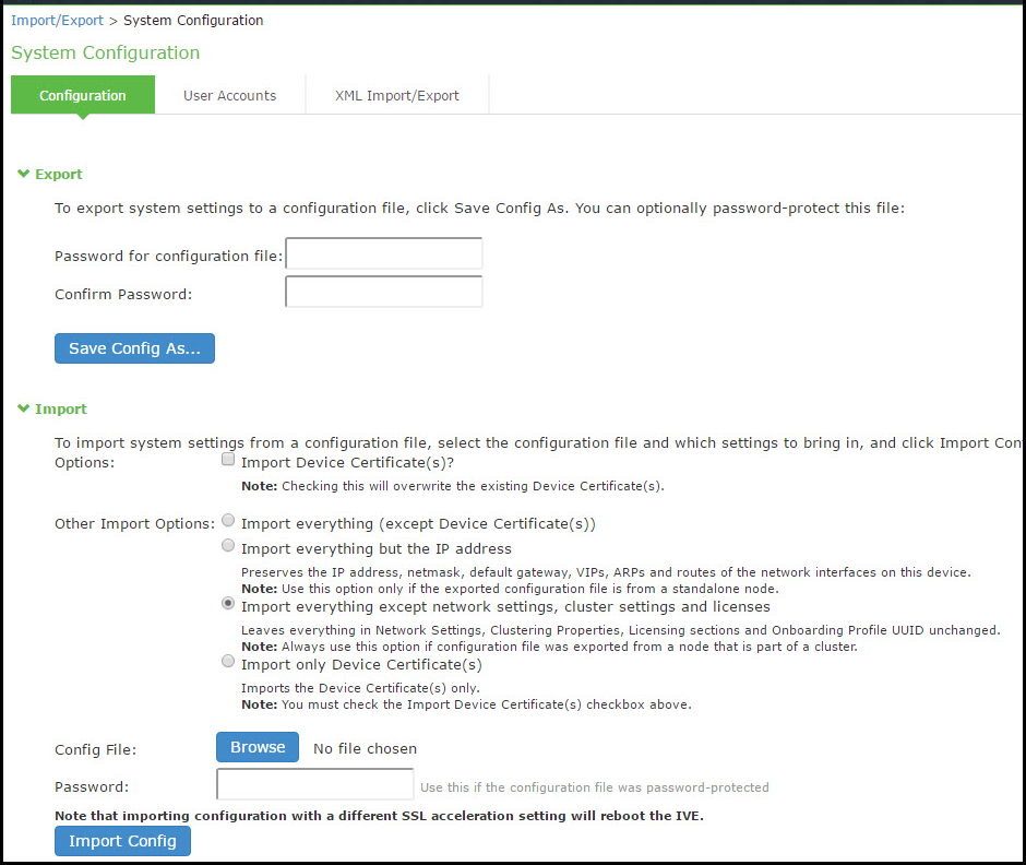 Export Binary System Configuration File Configuration Page