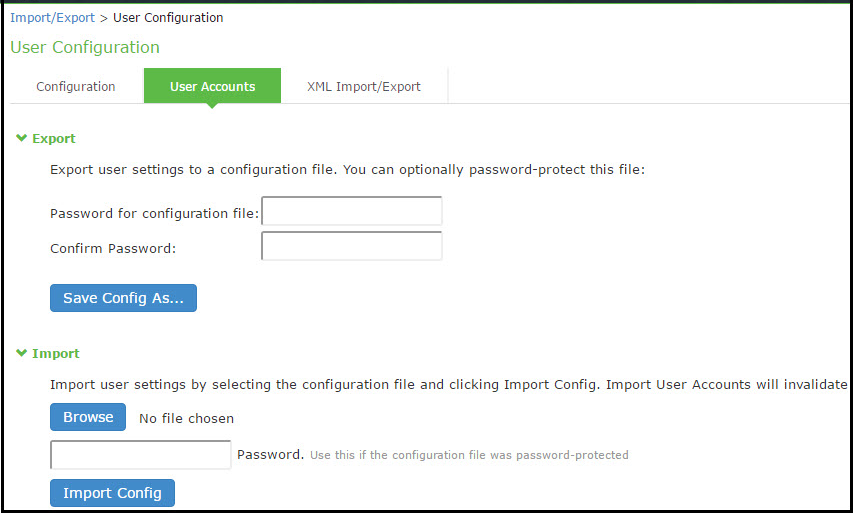 Import User Configuration Binary File Configuration Page