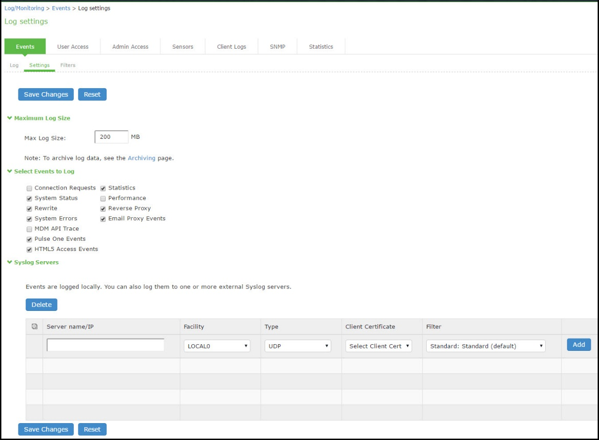 Log Events Settings Configuration Page