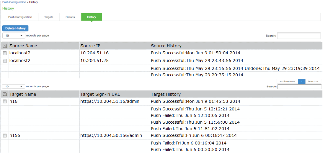 Push Configuration History Page