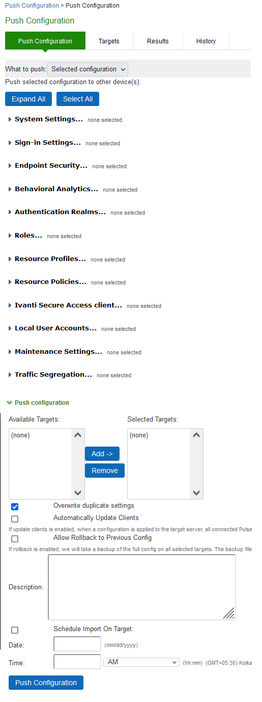 Push Configuration Selected Settings Page