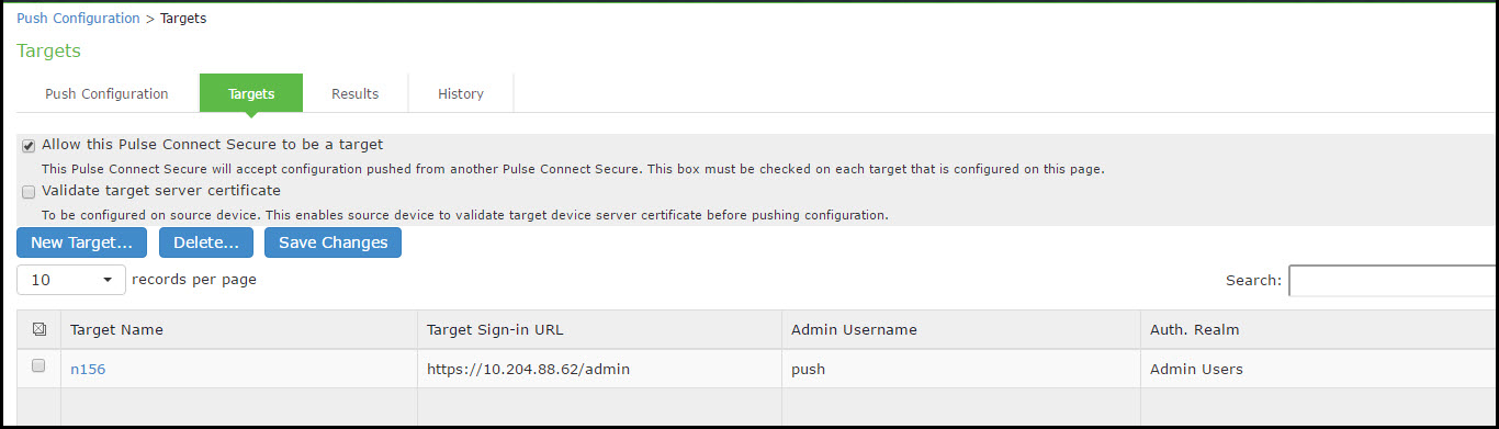 Push Configuration Target List and Source Device Settings Page