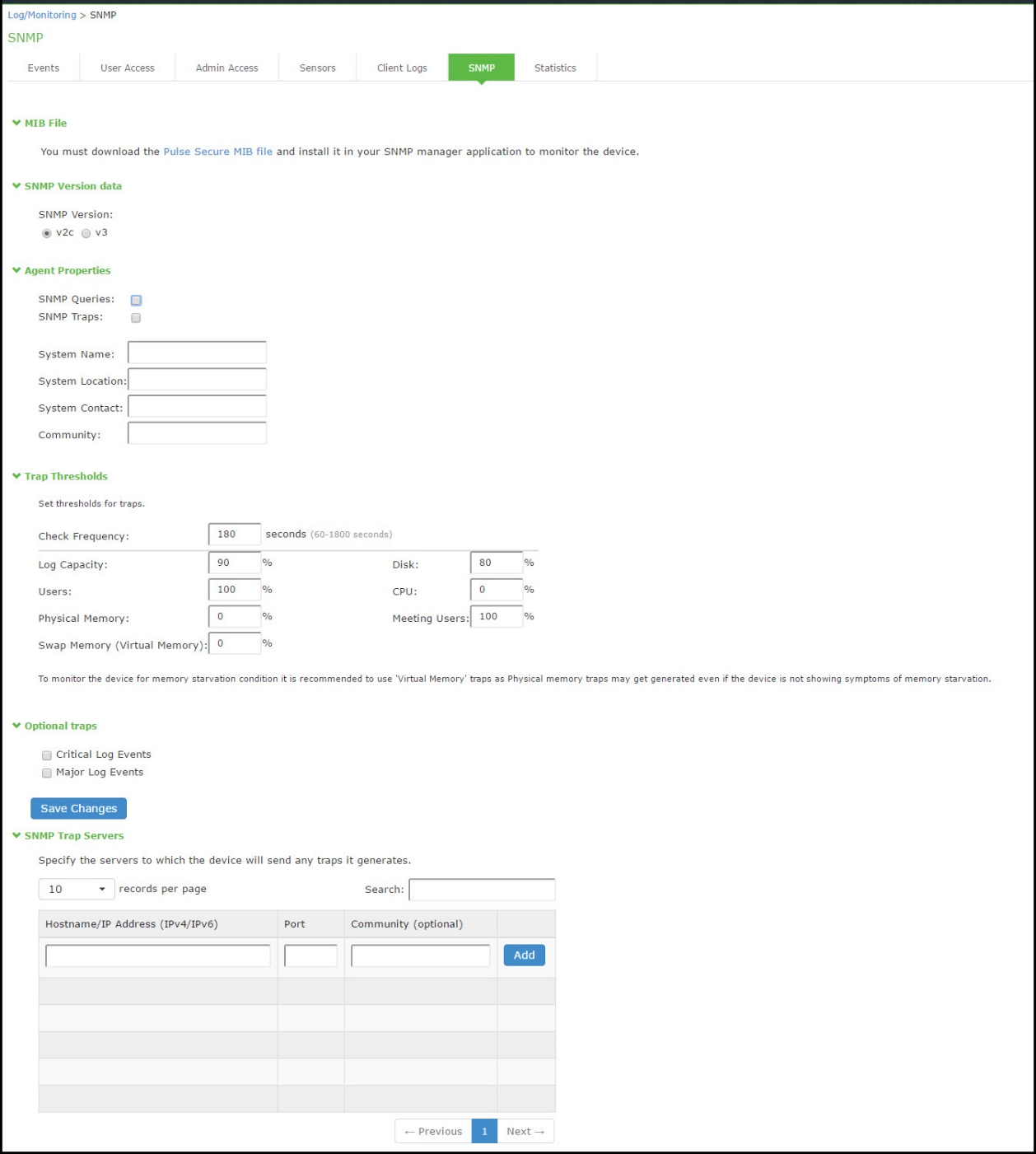 SNMP Configuration Page